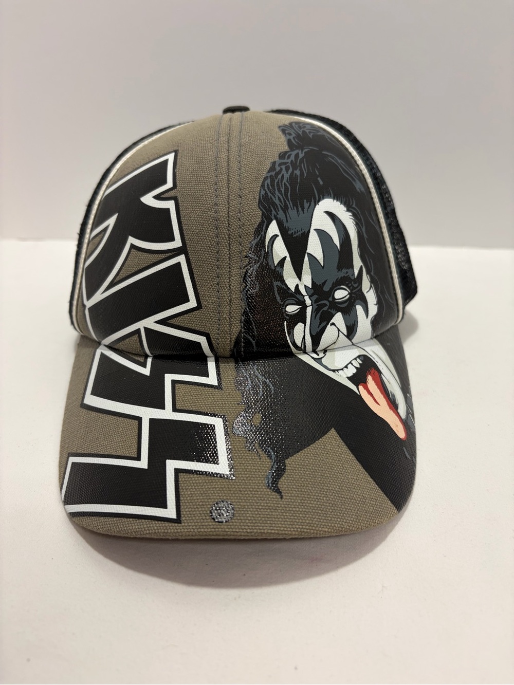 KISS Gene Simmons Face Graphic Trucker Hat - Olive/Black/White